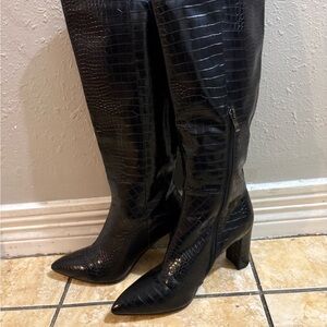 Black Croc-Embossed Knee-High Boots